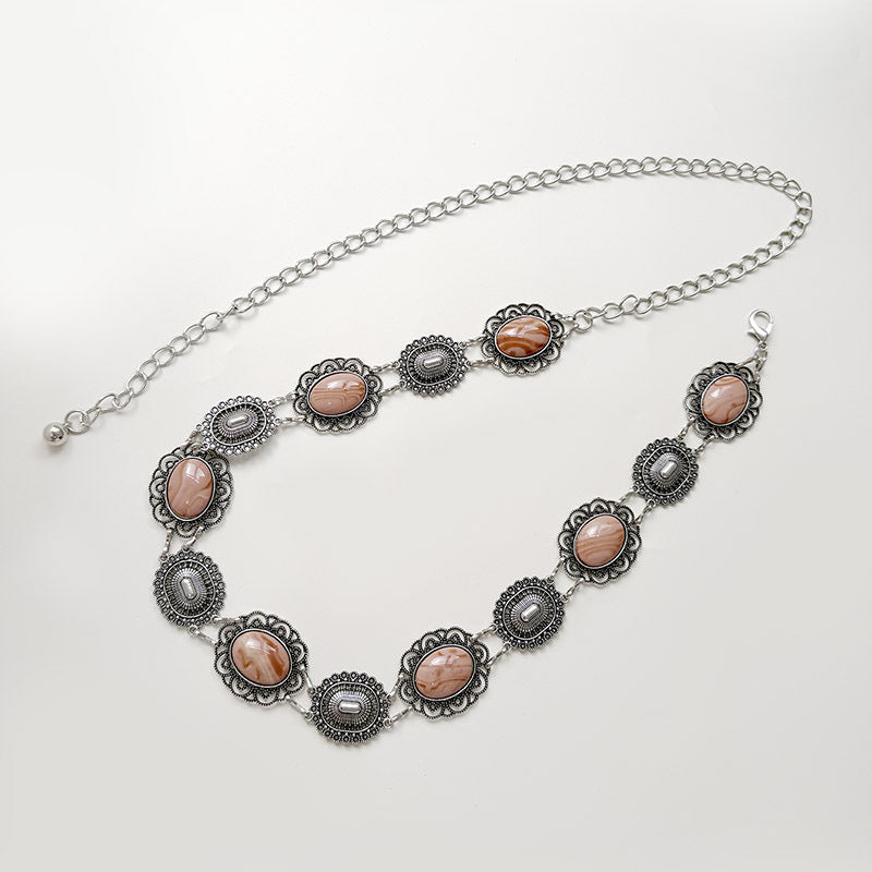 Vintage Oval Stone Metal Chain Waist Belt - Pink - 1
