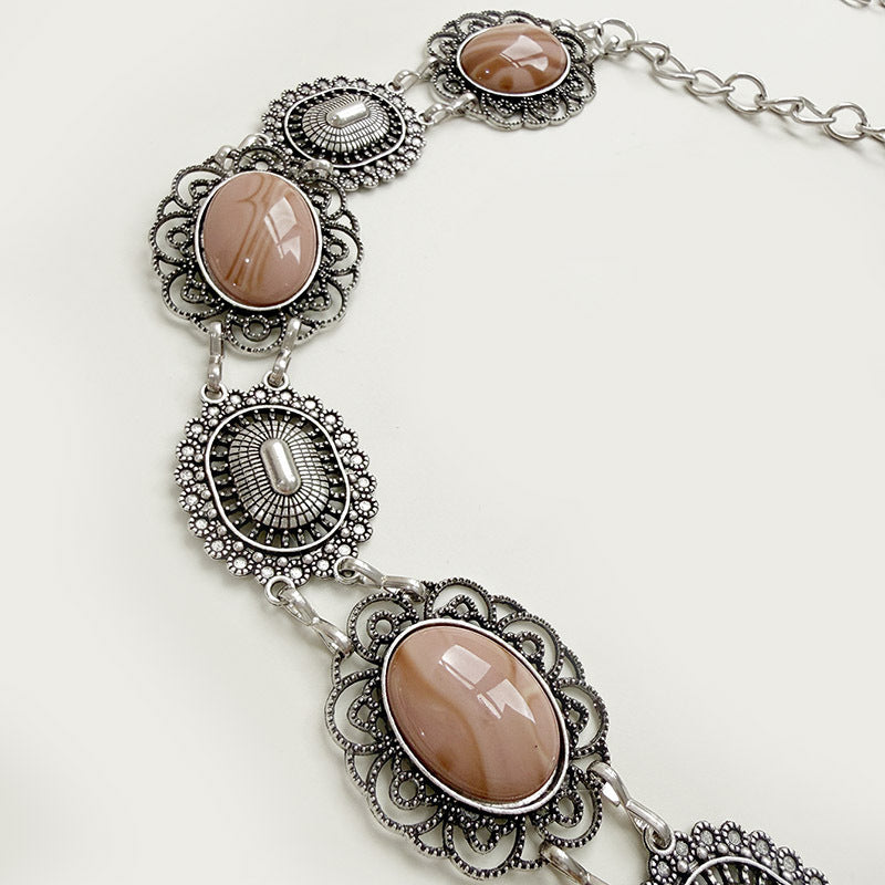 Vintage Oval Stone Metal Chain Waist Belt - Pink - 2