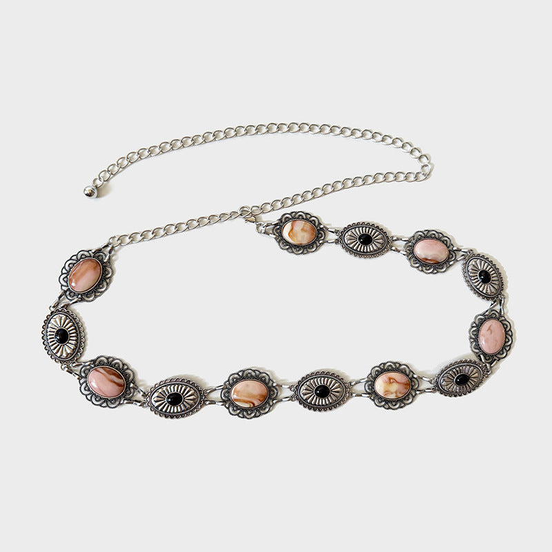 Vintage Oval Stone Metal Chain Waist Belt - Pink-B