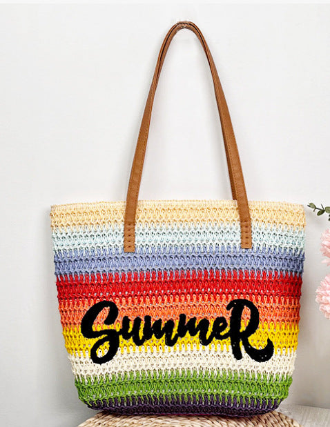Striped Straw Beach Tote With Slogan Detail - Rainbow