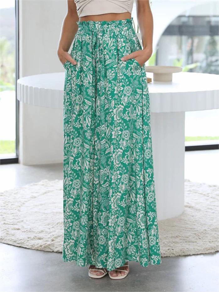Floral Print Split Hem Wide Leg Trousers - Green
