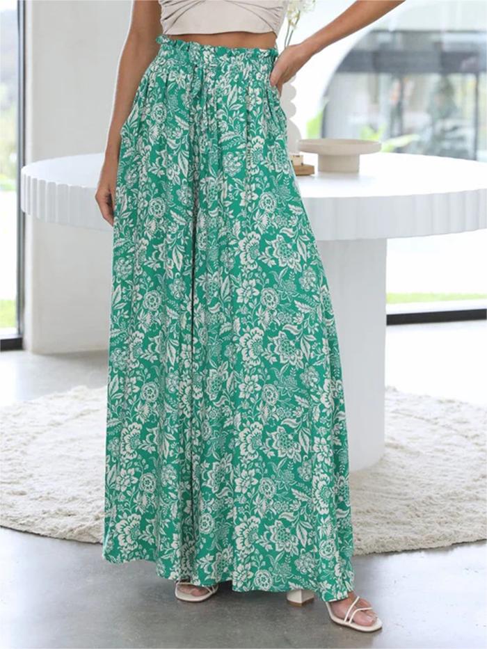 Floral Print Split Hem Wide Leg Trousers - Green - 1
