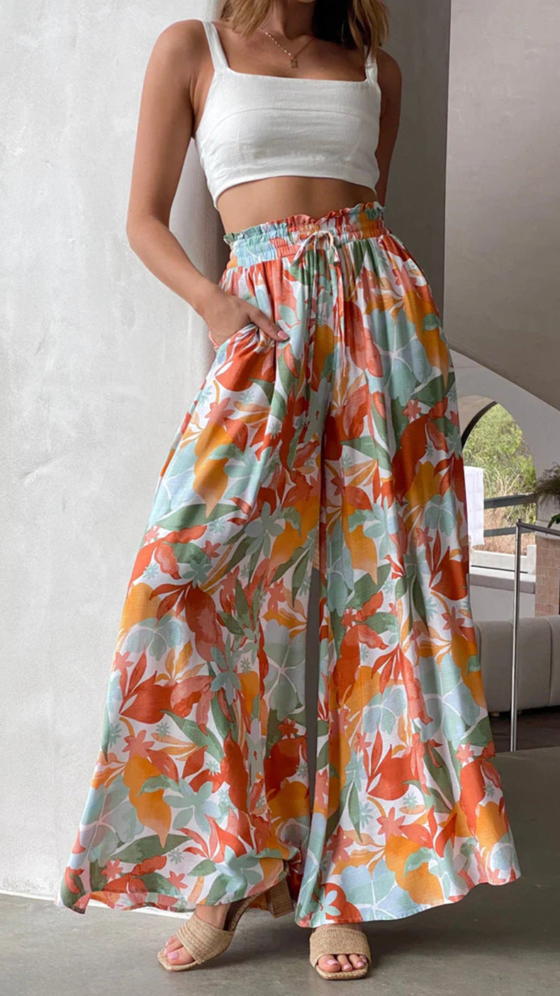 Floral Print Split Hem Wide Leg Trousers - Red