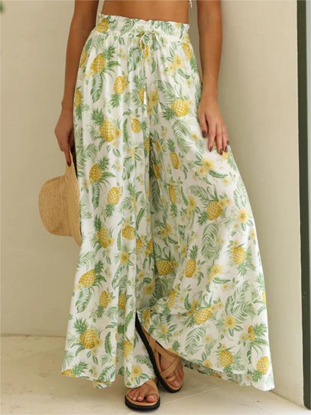 Floral Print Split Hem Wide Leg Trousers - Yellow
