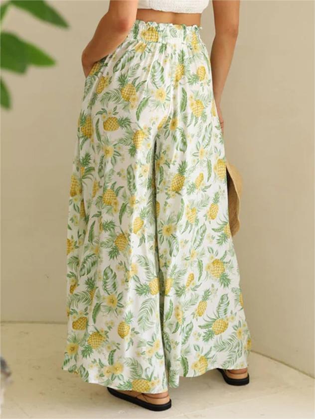 Floral Print Split Hem Wide Leg Trousers - Yellow - 1