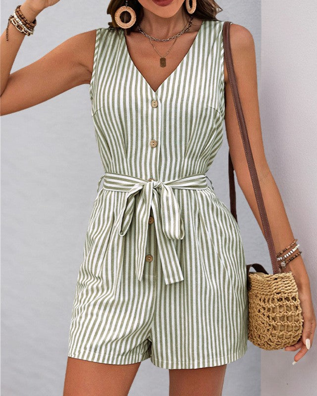 Striped Button Front Tie Waist Romper - Green