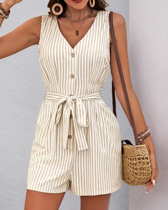 Striped Button Front Tie Waist Romper - Khaki