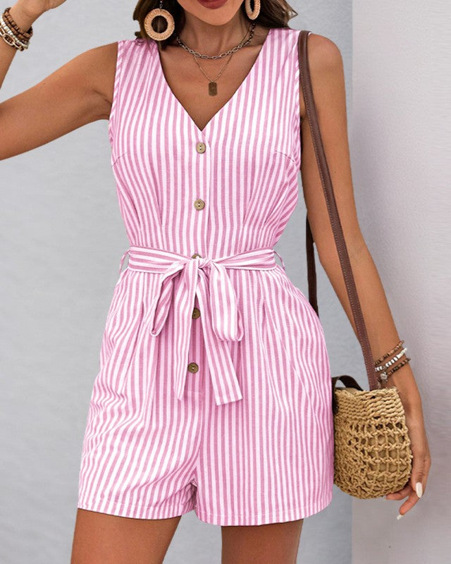 Striped Button Front Tie Waist Romper - Pink