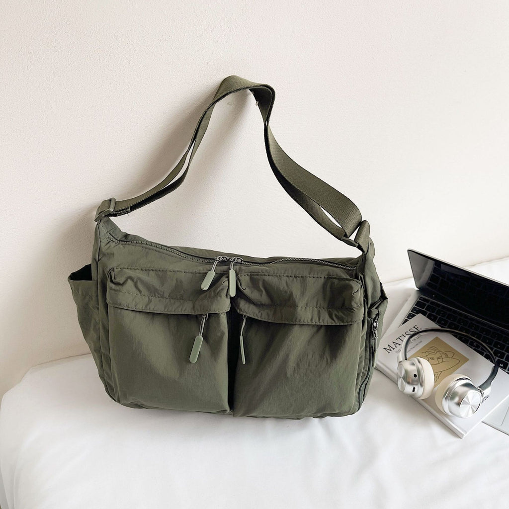 Slouchy Nylon Messenger Shoulder Bag - Olive