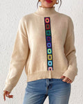 Crochet Floral Panel Mock Neck Knit Sweater - Apricot