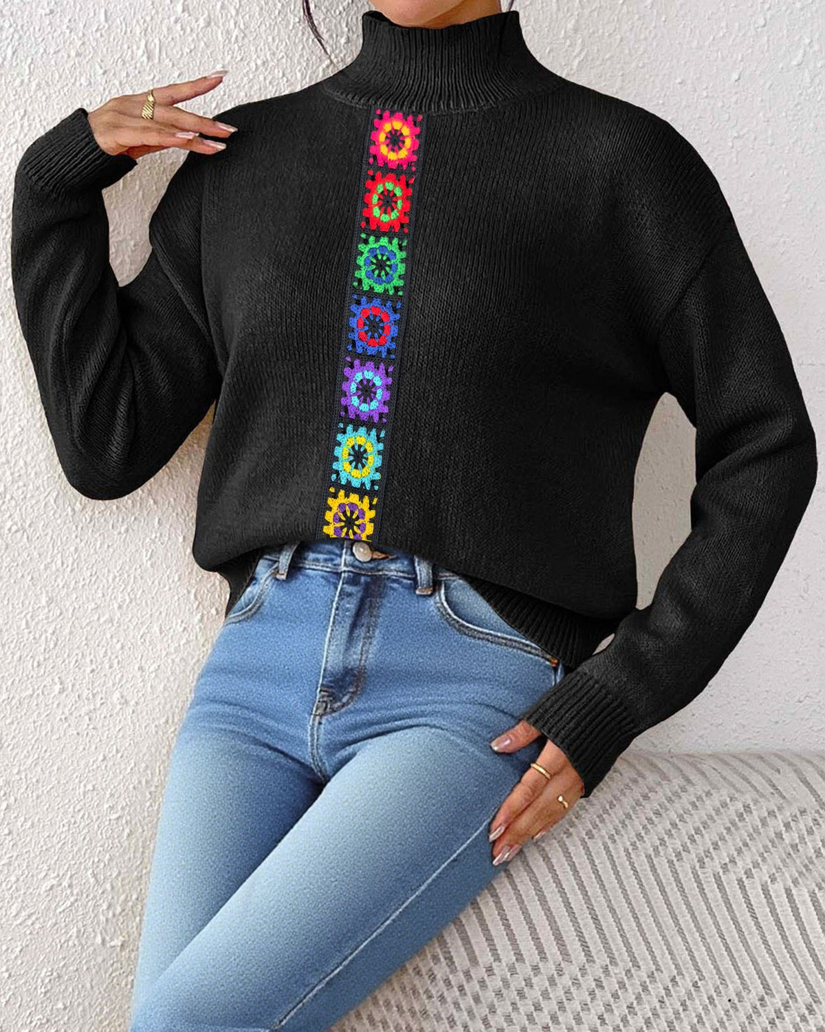 Crochet Floral Panel Mock Neck Knit Sweater - Black