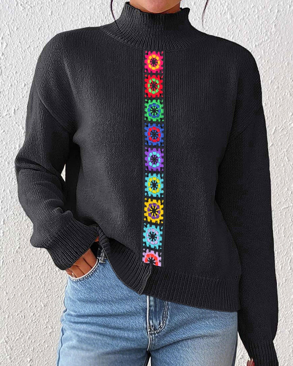 Crochet Floral Panel Mock Neck Knit Sweater - Black - 1