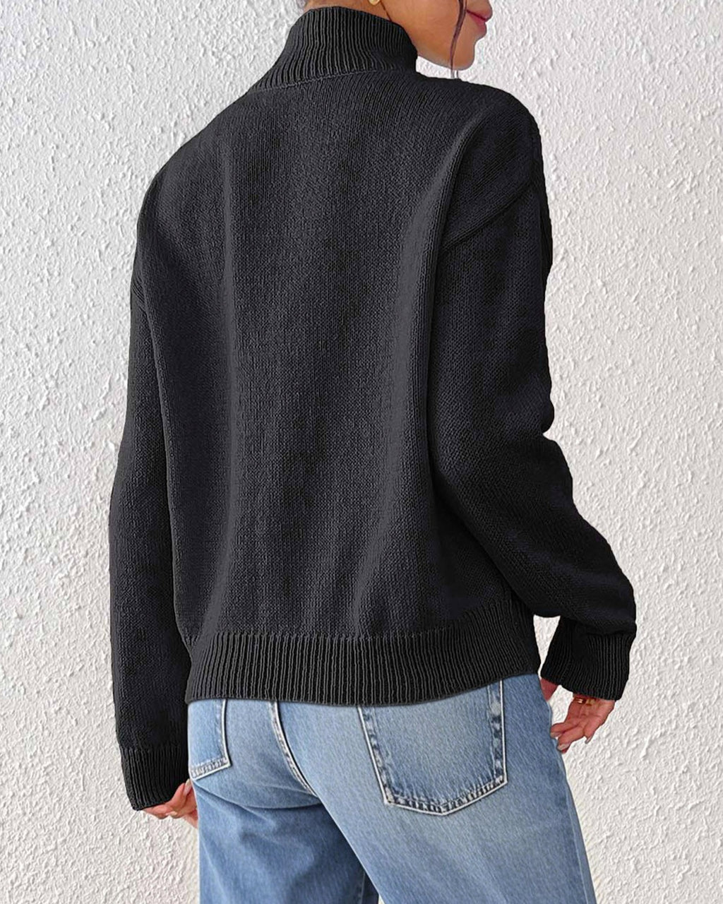 Crochet Floral Panel Mock Neck Knit Sweater - Black - 2