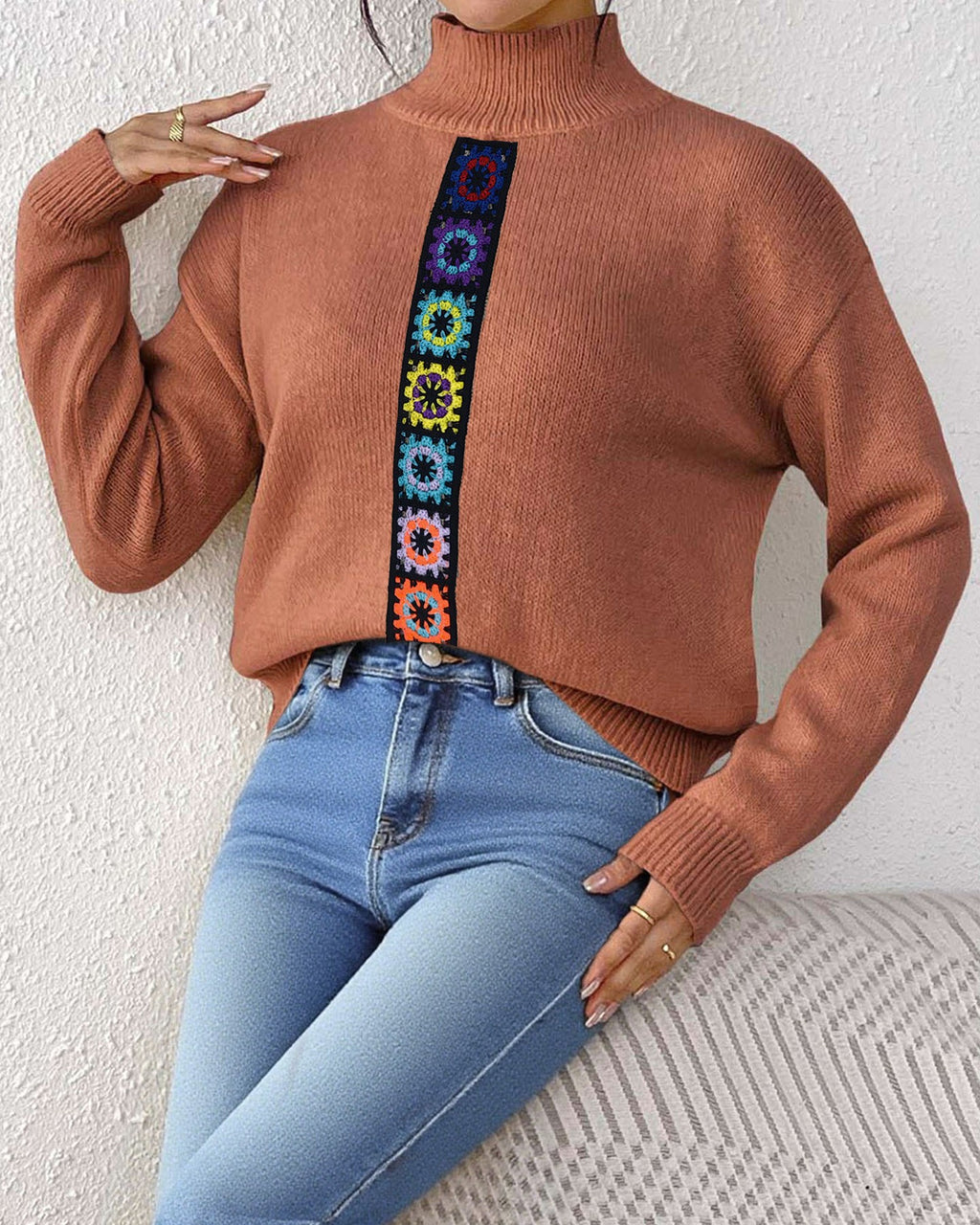 Crochet Floral Panel Mock Neck Knit Sweater - Coffee
