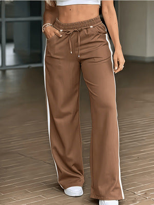 Sporty Double Stripe Elastic Waist Wide Leg Pants - Coffee