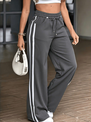 Sporty Double Stripe Elastic Waist Wide Leg Pants - DarkGrey