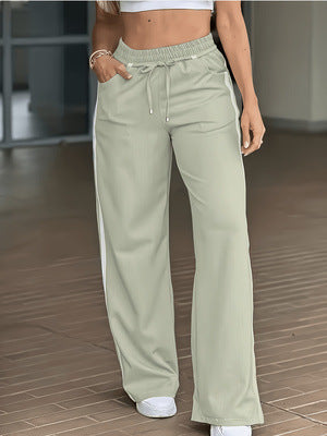 Sporty Double Stripe Elastic Waist Wide Leg Pants - Grass