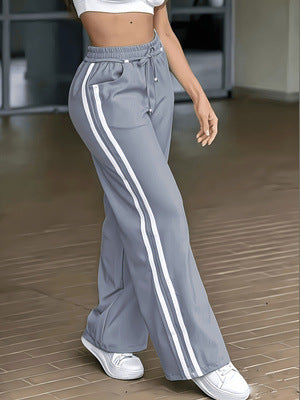 Sporty Double Stripe Elastic Waist Wide Leg Pants - Grey
