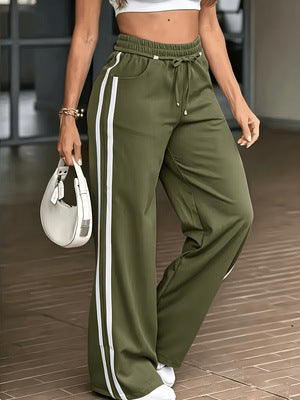 Sporty Double Stripe Elastic Waist Wide Leg Pants - MGreen