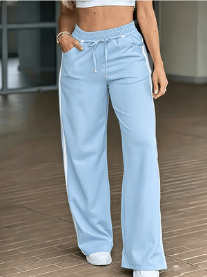 Sporty Double Stripe Elastic Waist Wide Leg Pants - SkyBlue