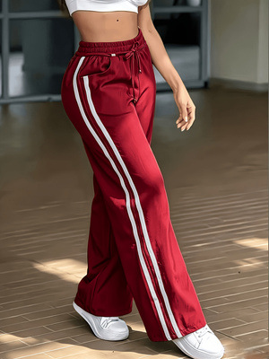 Sporty Double Stripe Elastic Waist Wide Leg Pants - Wine_Red