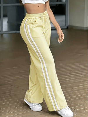 Sporty Double Stripe Elastic Waist Wide Leg Pants - Yellow