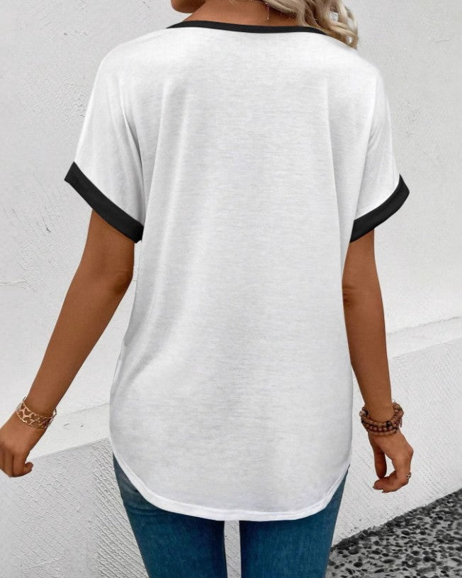 Contrast Trim V Neck Drop Shoulder Tee - White - 3