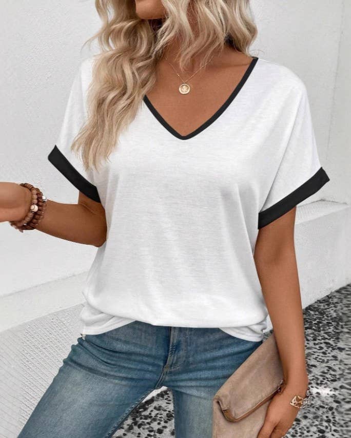 Contrast Trim V Neck Drop Shoulder Tee