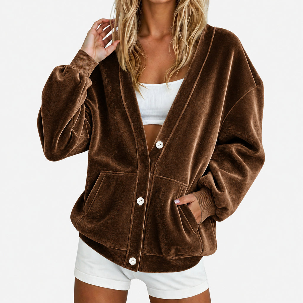 Plush Velour Cardigan With Slouchy Pockets - Brown