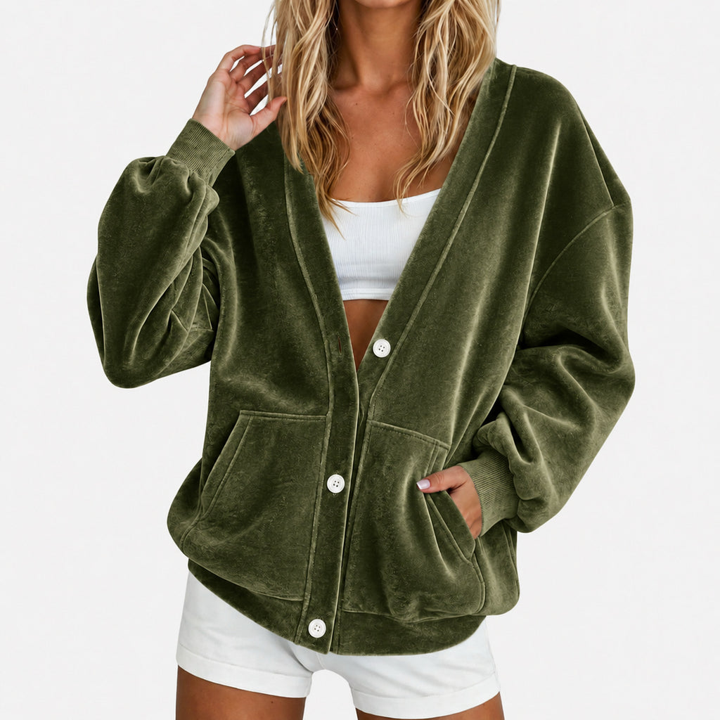 Plush Velour Cardigan With Slouchy Pockets - Green