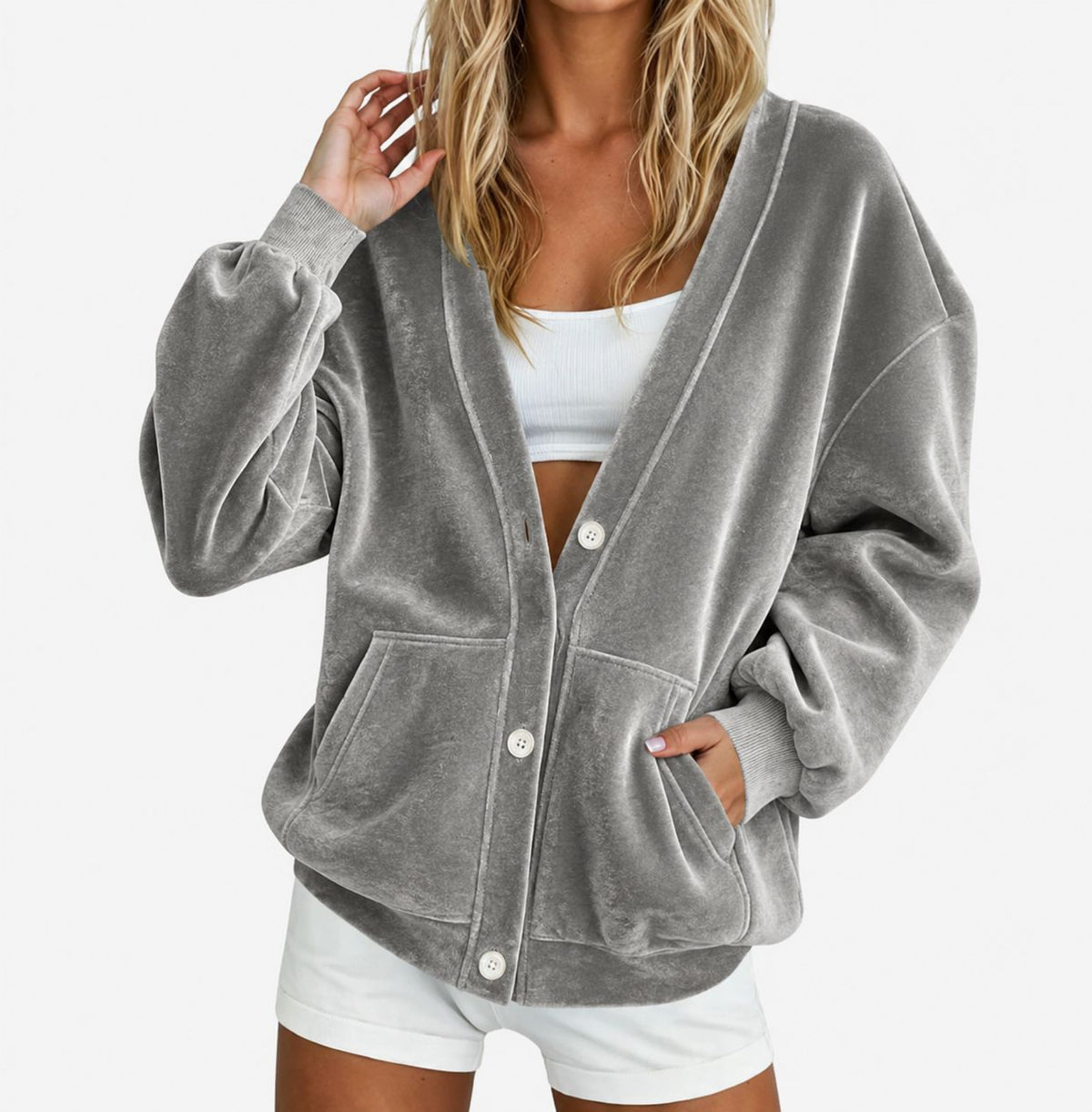 Plush Velour Cardigan With Slouchy Pockets - Grey