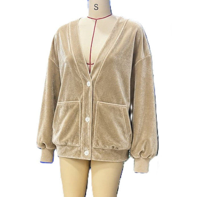 Plush Velour Cardigan With Slouchy Pockets - Khaki - 1