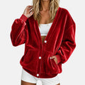 Plush Velour Cardigan With Slouchy Pockets - Red