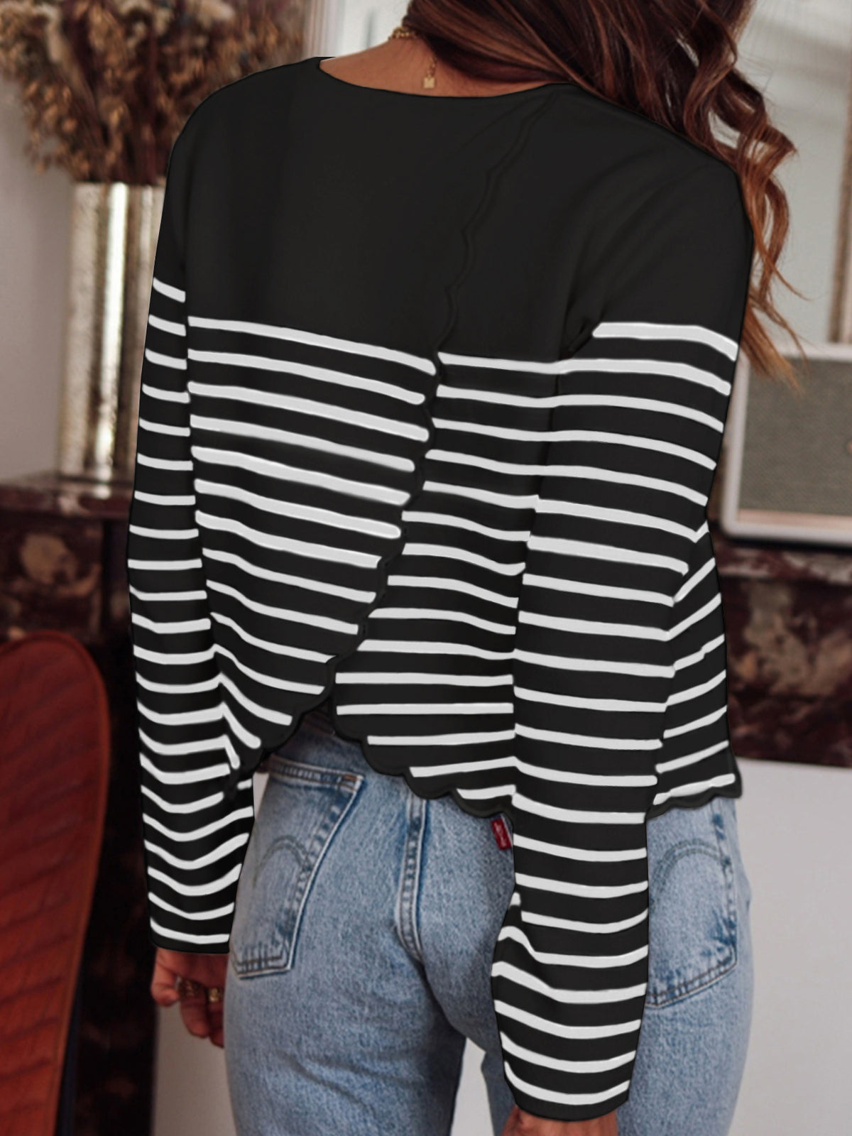 Striped Knit Sweater with Lettuce Hem and Tulip Back - Black