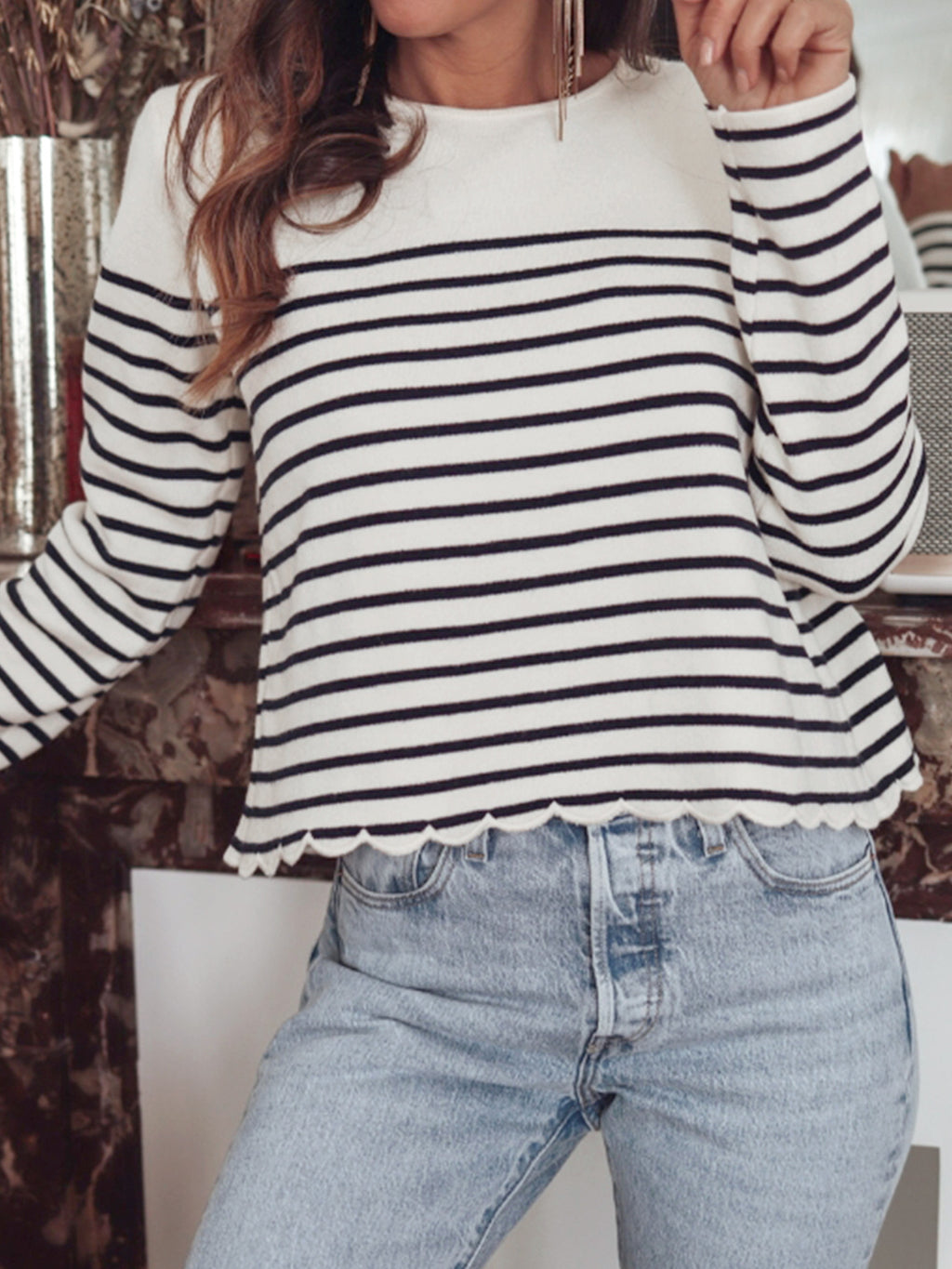 Striped Knit Sweater with Lettuce Hem and Tulip Back - White