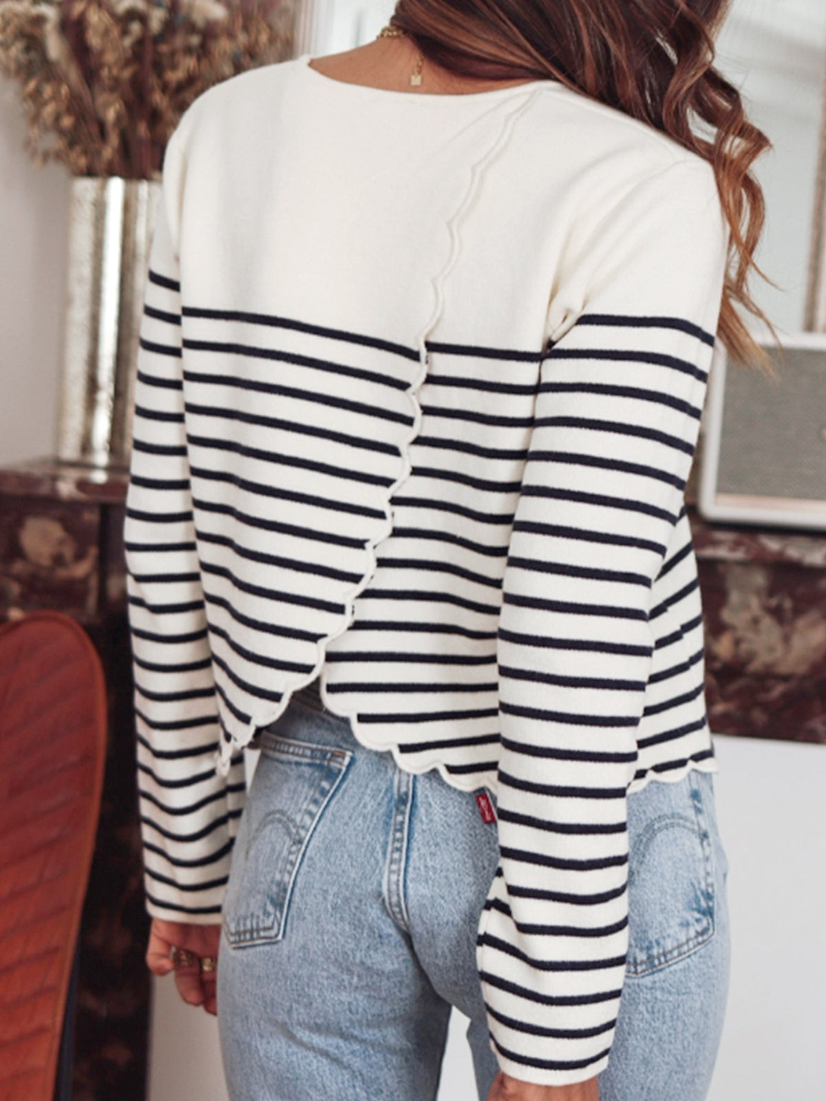 Striped Knit Sweater with Lettuce Hem and Tulip Back - White - 1