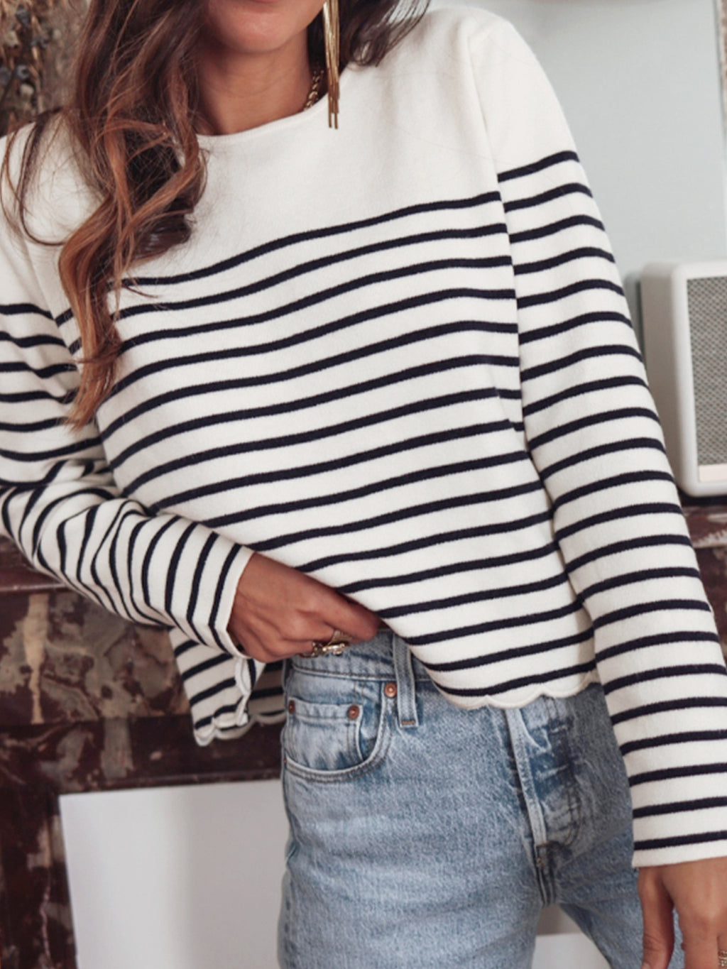 Striped Knit Sweater with Lettuce Hem and Tulip Back - White - 2