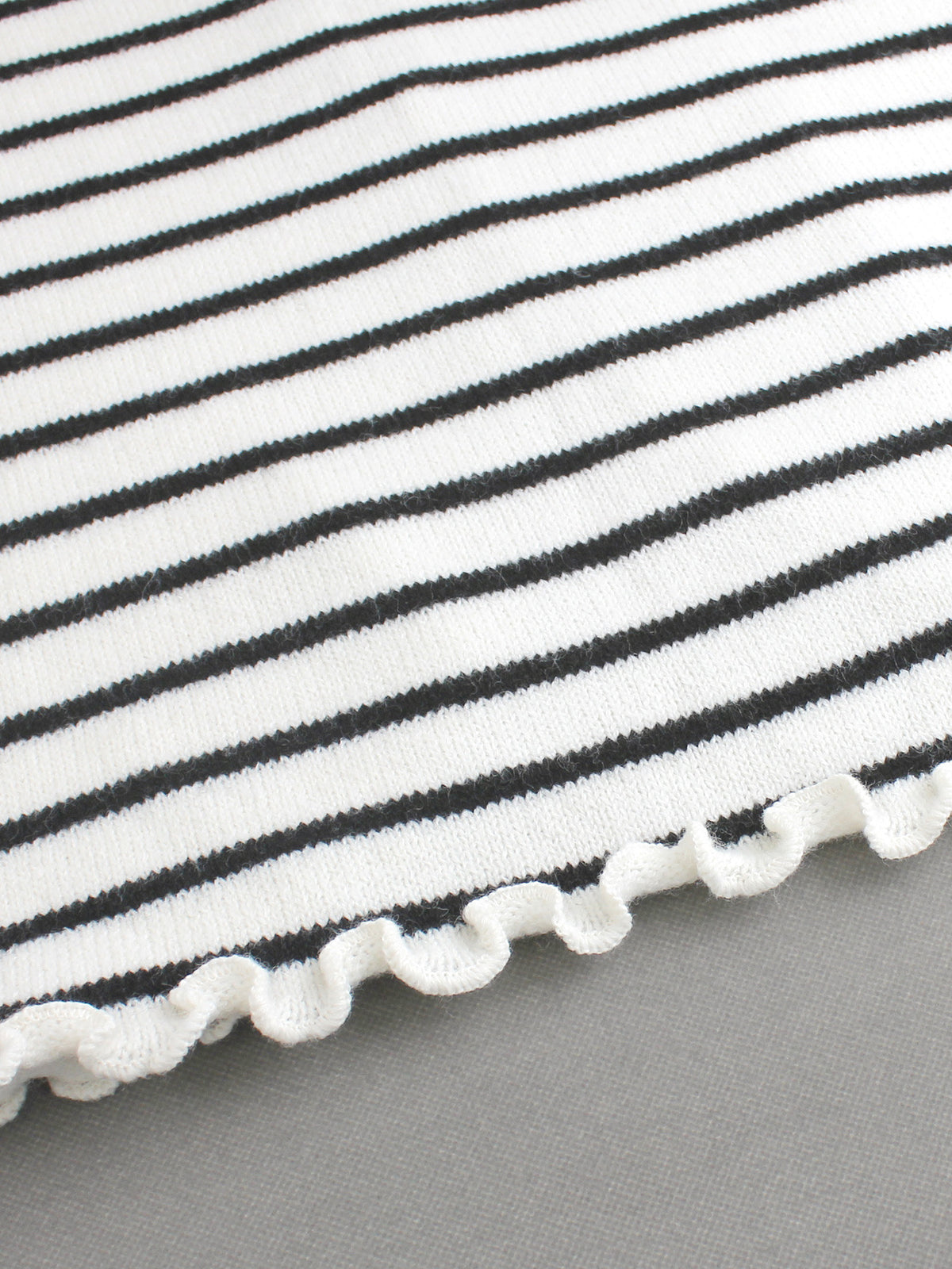 Striped Knit Sweater with Lettuce Hem and Tulip Back - White - 4
