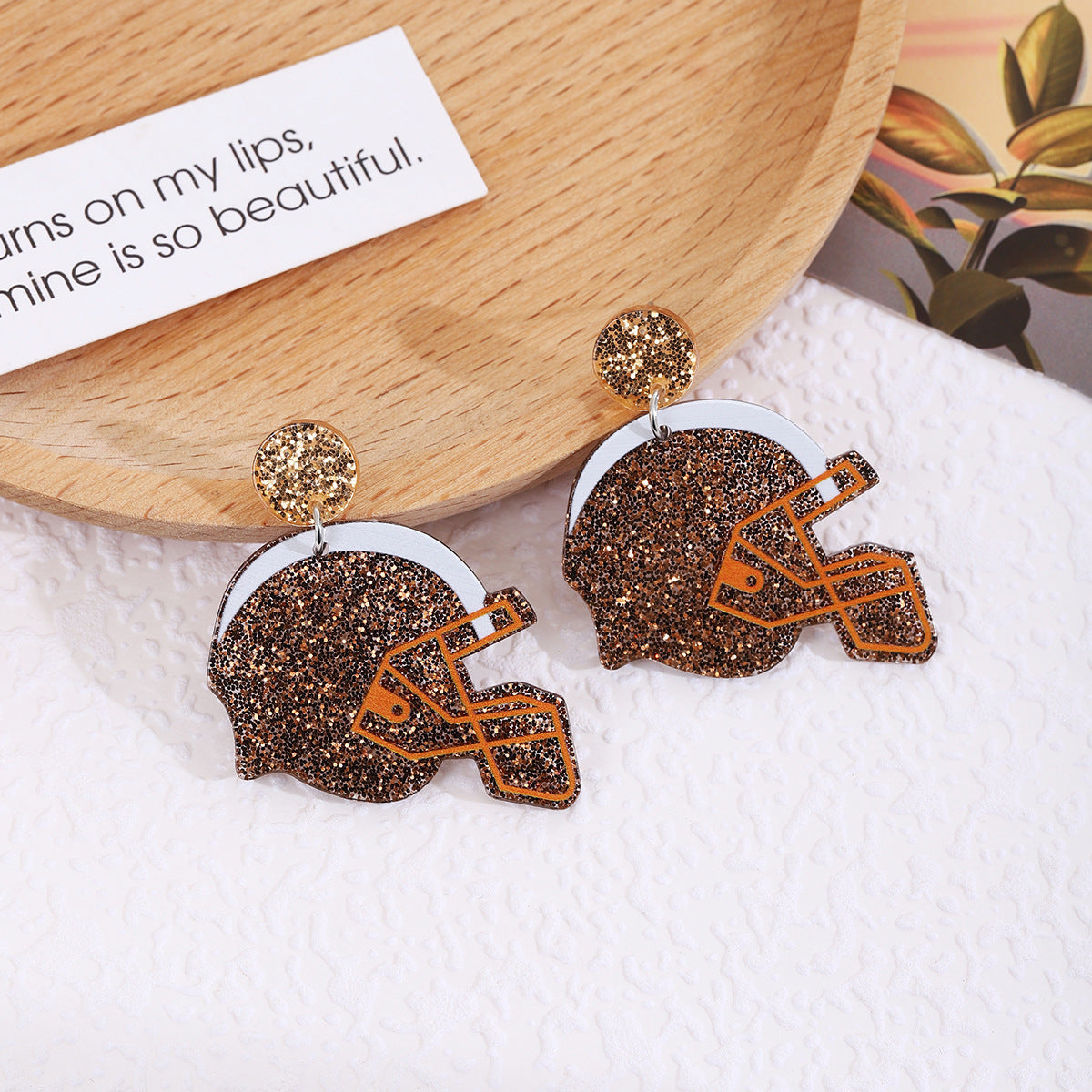 Sparkle Football Helmet Statement Drop Earrings - Coffee