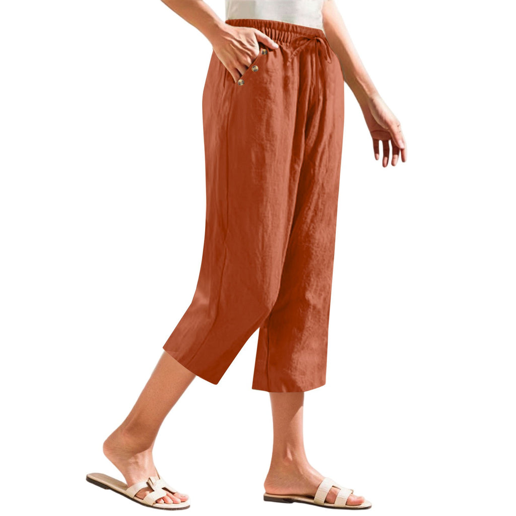 Cotton Linen Button Pocket Straight Leg Capri Pants - Burnt Orange