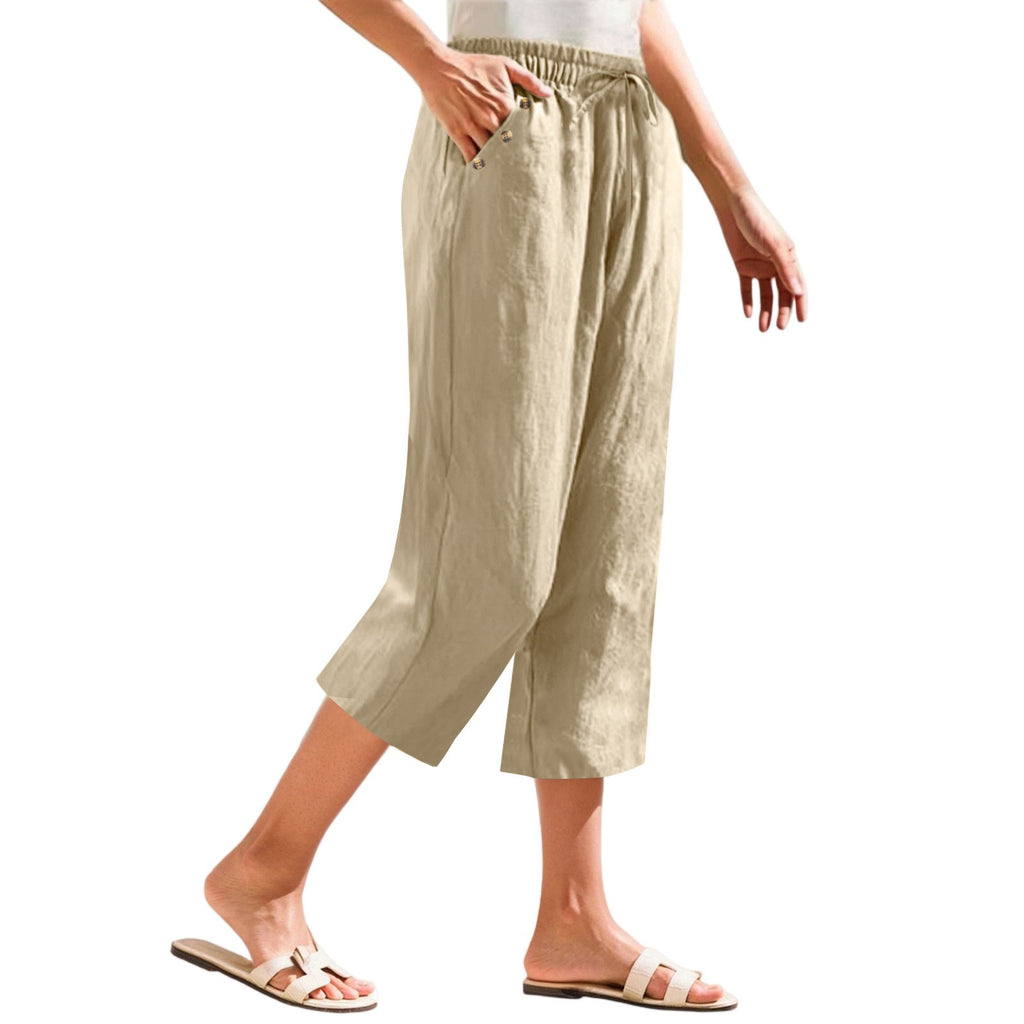 Cotton Linen Button Pocket Straight Leg Capri Pants - Khaki