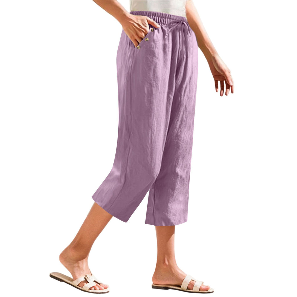 Cotton Linen Button Pocket Straight Leg Capri Pants - Lavender