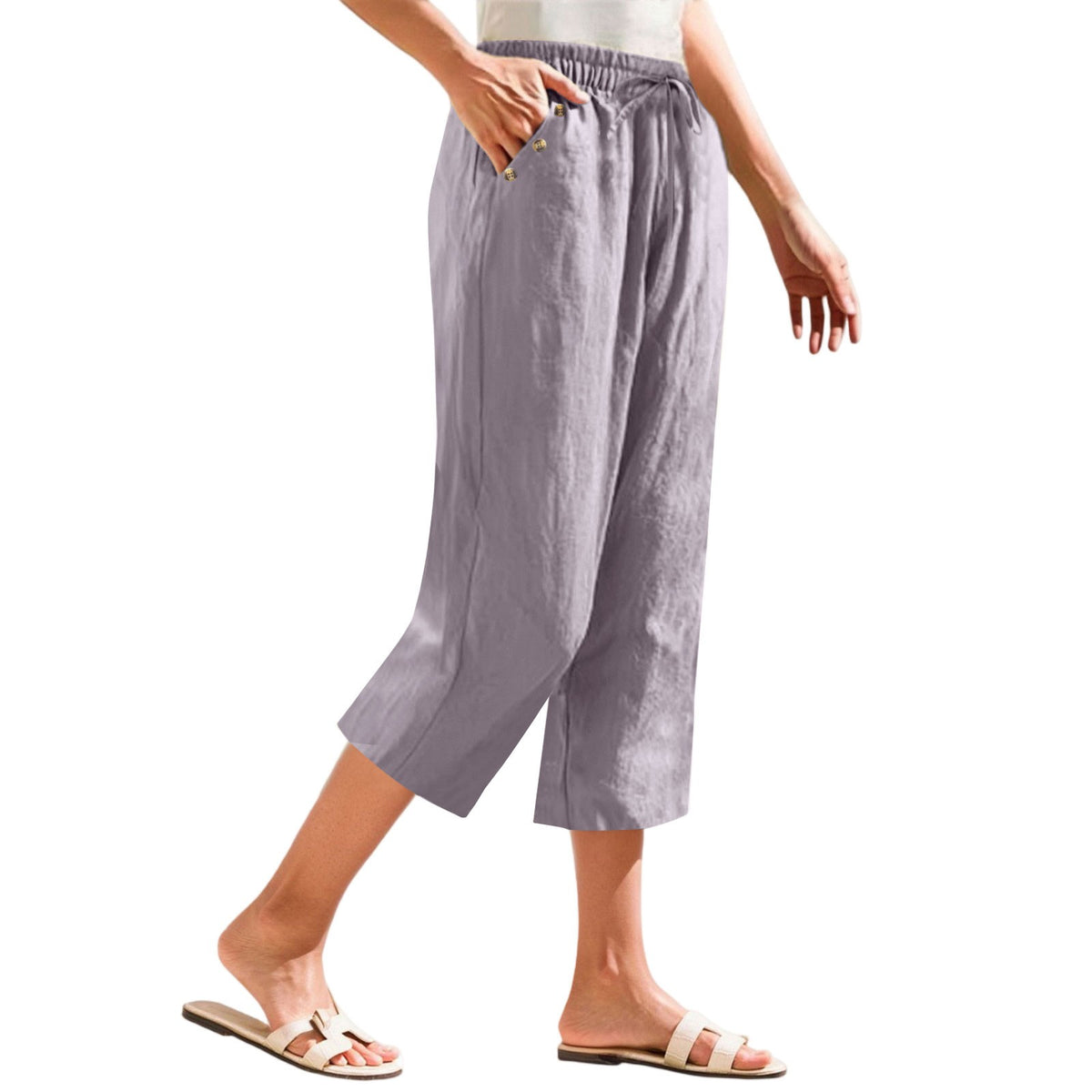 Cotton Linen Button Pocket Straight Leg Capri Pants - Light Gray