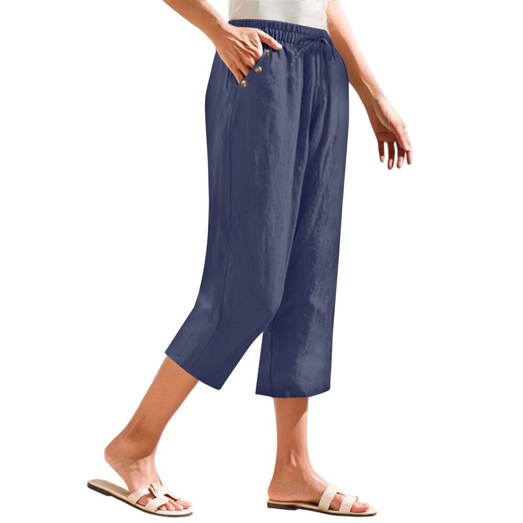 Cotton Linen Button Pocket Straight Leg Capri Pants - Navy