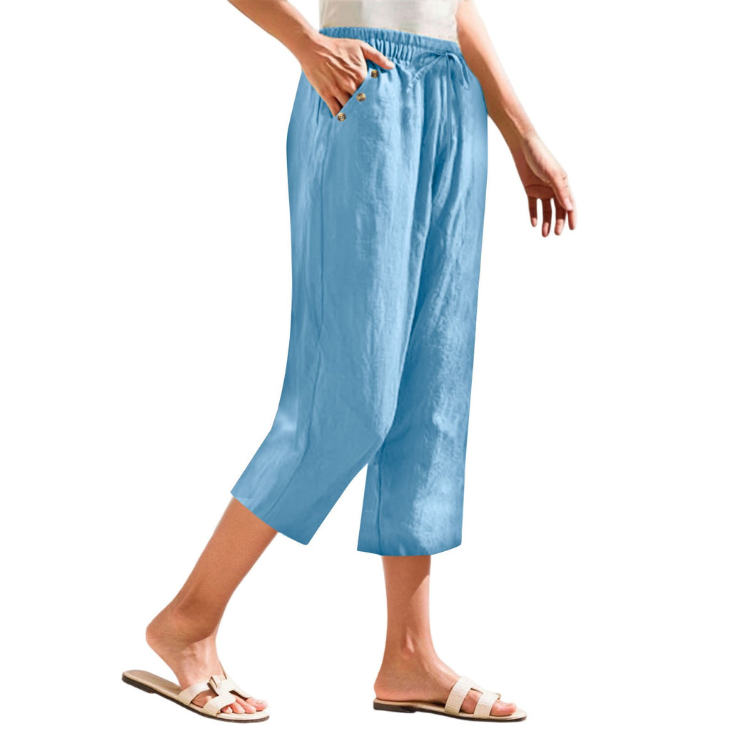 Cotton Linen Button Pocket Straight Leg Capri Pants - Sky Blue