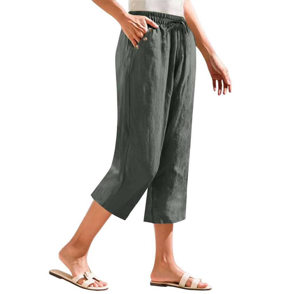 Cotton Linen Button Pocket Straight Leg Capri Pants