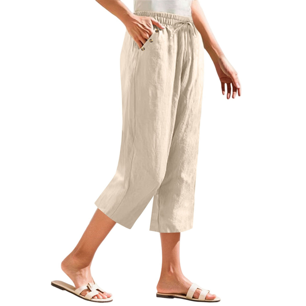 Cotton Linen Button Pocket Straight Leg Capri Pants