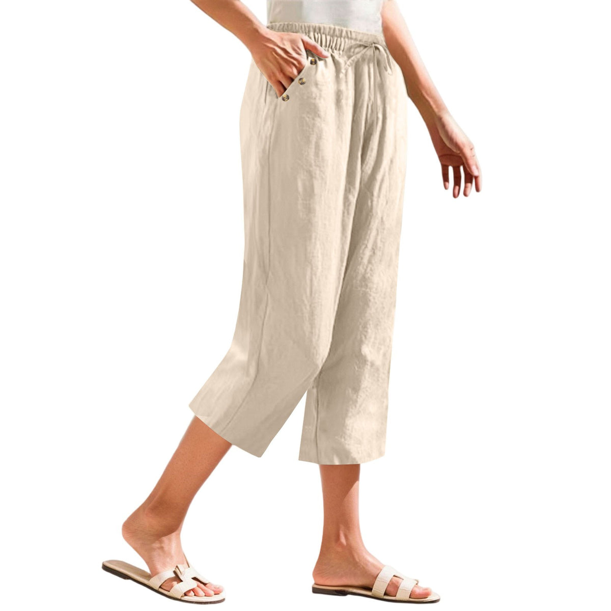 Cotton Linen Button Pocket Straight Leg Capri Pants