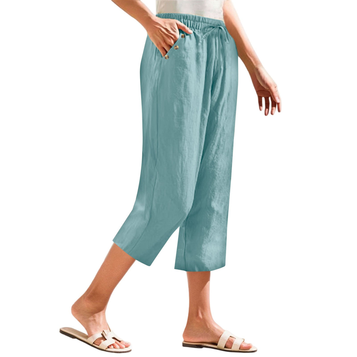 Cotton Linen Button Pocket Straight Leg Capri Pants