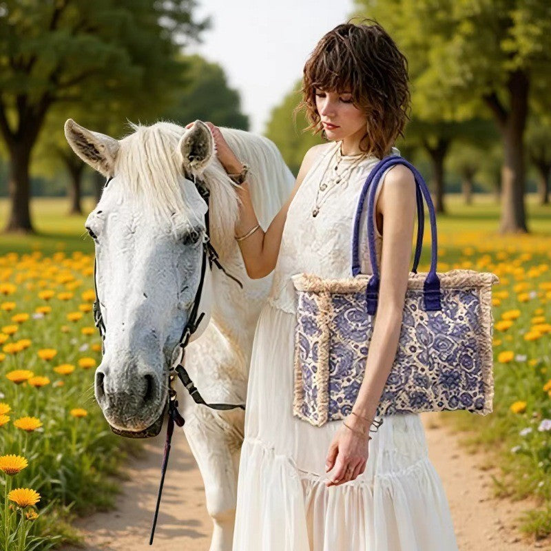 Boho Fringe Trim Printed Canvas Tote Bag